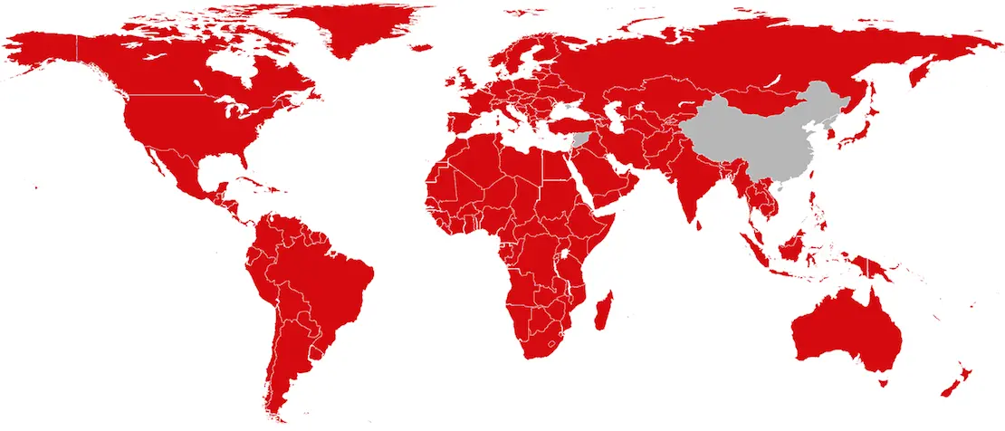 A map of the world with all countries shaded red except China, North Korea, and Syria